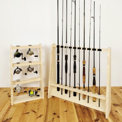 ロッドスタンド10本掛け+リールスタンド片面Mサイズ 【本体:ナチュラル　フェルト:ブラック】