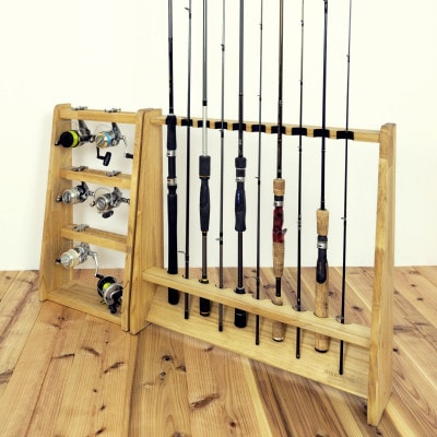 ロッドスタンド10本掛け+リールスタンド片面Mサイズ 【本体:ライトブラウン　フェルト:ブラック】