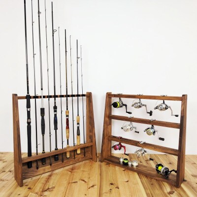 ロッドスタンド10本掛け+リールスタンド片面Lサイズ 【本体:ブラウン　フェルト:ブラック】