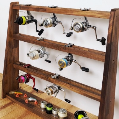 ロッドスタンド10本掛け+リールスタンド片面Lサイズ 【本体:ブラウン　フェルト:ブラック】