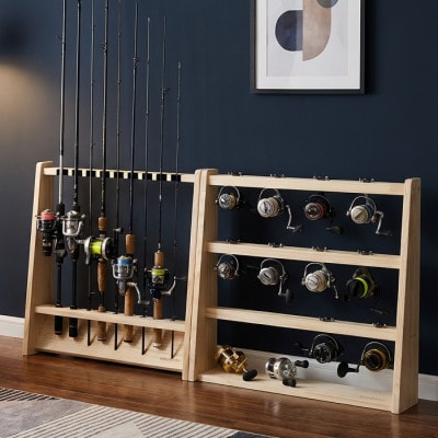 ロッドスタンド10本掛け+リールスタンド片面Lサイズ 【本体:ナチュラル　フェルト:ブラック】