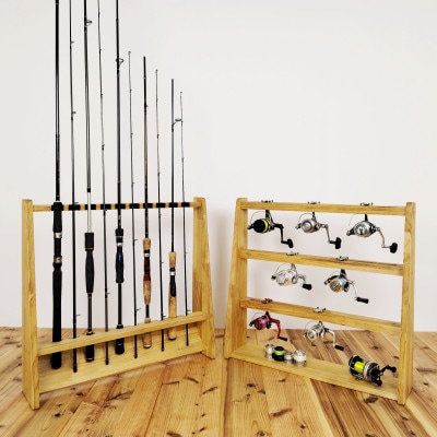 ロッドスタンド10本掛け+リールスタンド片面Lサイズ 【本体:ライトブラウン　フェルト:ブラック】