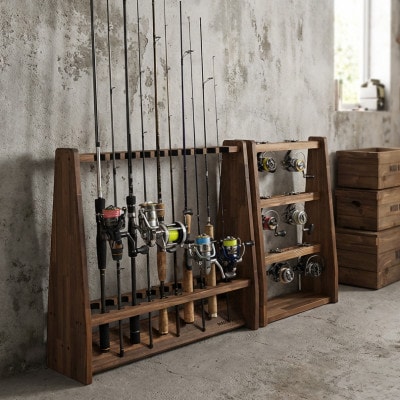 ロッドスタンド両面19本掛け+リールスタンド両面Mサイズ /本体:ブラウン　フェルト:ブラック