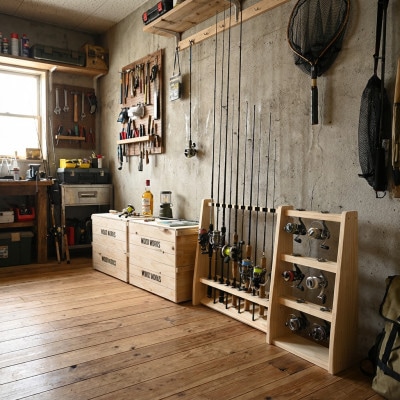 ロッドスタンド両面19本掛け+リールスタンド両面Mサイズ /本体:ナチュラル　フェルト:ブラック