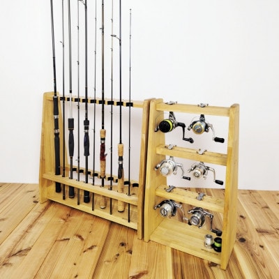 ロッドスタンド両面19本掛け+リールスタンド両面Mサイズ /本体:ライトブラウン　フェルト:ブラック