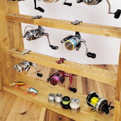 ロッドスタンド両面19本掛け+リールスタンド両面Mサイズ /本体:ライトブラウン　フェルト:ブラック