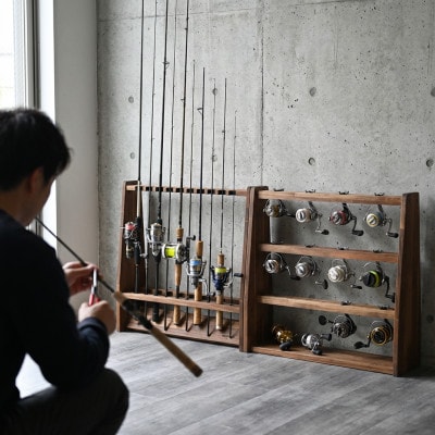 ロッドスタンド両面19本掛け+リールスタンド両面Lサイズ /本体:ブラウン　フェルト:ブラック