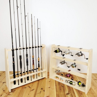 ロッドスタンド両面19本掛け+リールスタンド両面Lサイズ /本体:ナチュラル　フェルト:ブラック