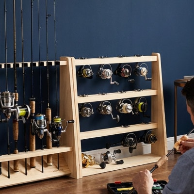 ロッドスタンド両面19本掛け+リールスタンド両面Lサイズ /本体:ナチュラル　フェルト:ブラック