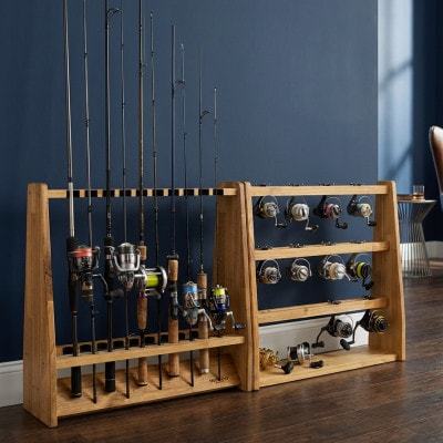 ロッドスタンド両面19本掛け+リールスタンド両面Lサイズ /本体:ライトブラウン　フェルト:ブラック