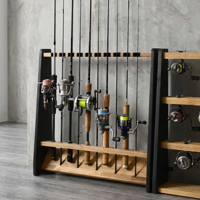 WOOD WORKS ロッドスタンド10本掛け　ライトブラウン×ブラックウッド