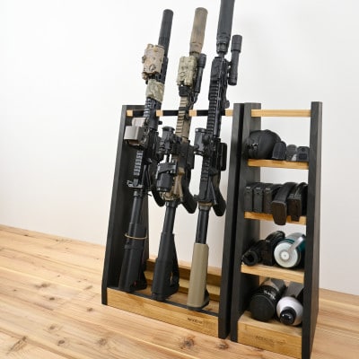 WOOD WORKS ライフルスタンド 3丁掛+マガジンラックセット【本体:ライトブラウン×BW】