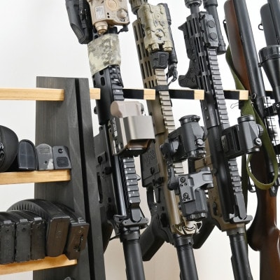 WOOD WORKS ライフルスタンド 3丁掛+マガジンラックセット【本体:ライトブラウン×BW】