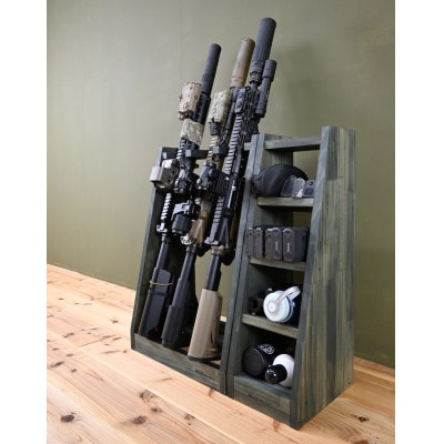 WOOD WORKS ライフルスタンド 3丁掛+マガジンラックセット【本体:ミリタリーグリーン】