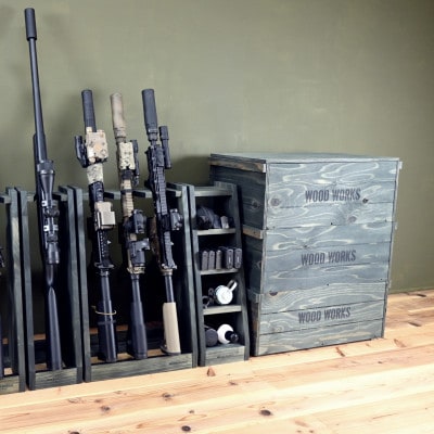 WOOD WORKS ライフルスタンド 3丁掛+マガジンラックセット【本体:ミリタリーグリーン】