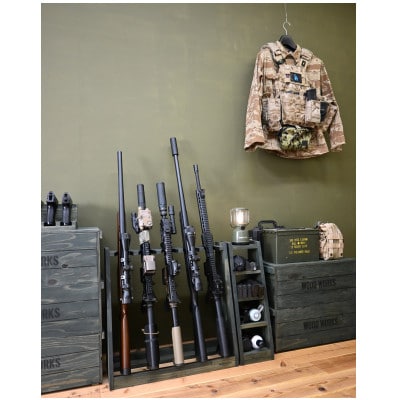 WOOD WORKS ライフルスタンド 3丁掛+マガジンラックセット【本体:ミリタリーグリーン】