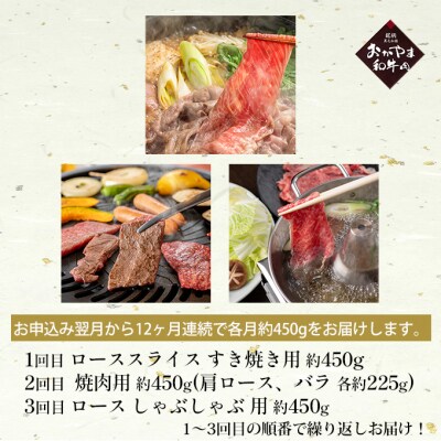 定期便12ヶ月 おかやま 和牛肉 A4等級以上食べ比べ約450g×12回[No.5735-1784]