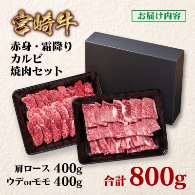 宮崎牛　カルビ焼肉2種800g(肩ロース&赤身)400g×2/A4等級以上　ya[2650]