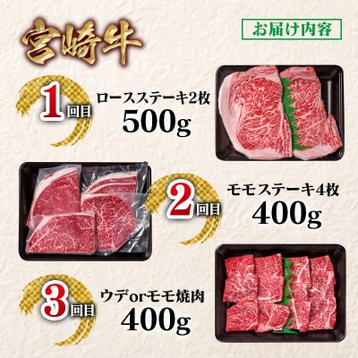 宮崎牛　ステーキ・焼肉3回定期便A4等級以上ロースステーキ/モモステーキ/焼き肉ya[2652]