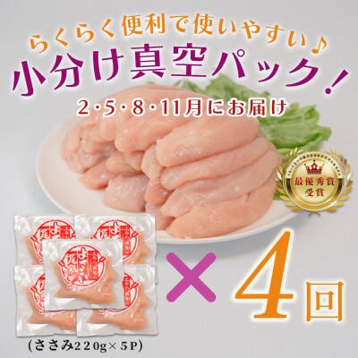 国産 よさこい尾鶏 鶏ささみ 定期便 毎回1.1kg×4回 天皇杯受賞 高たんぱく 低脂質 サラダ