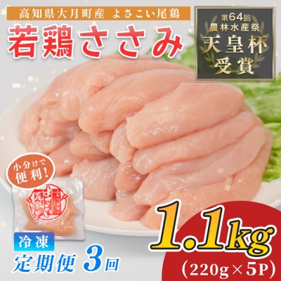 国産 よさこい尾鶏 鶏ささみ 定期便 毎回1.1kg×3回 天皇杯受賞 高たんぱく 低脂質 サラダ