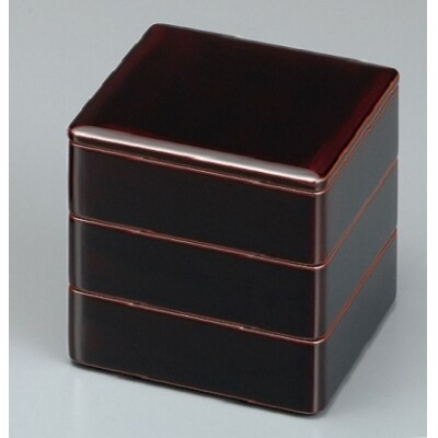 川連漆器　5寸角三段重　溜内古代朱[I5-53007]
