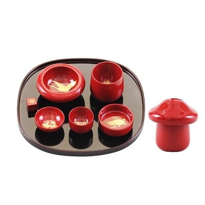 川連漆器　きのこ酒杯・トレーセット[F57010]