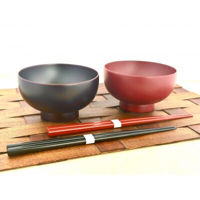 川連漆器　箸付夫婦坪汁椀(銀朱・銀溜)紙箱入[H6-55018]