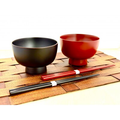 川連漆器　箸付夫婦鉄鉢椀(銀朱・銀溜)紙箱入[C2-55015]