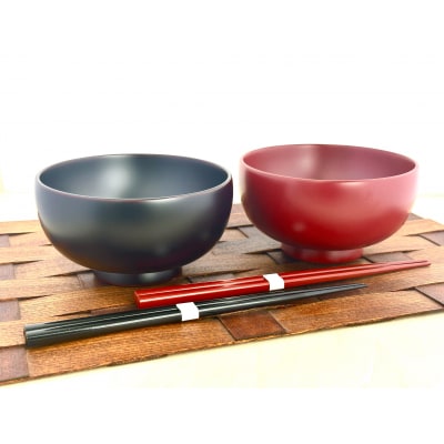 川連漆器　箸付夫婦4.4寸椀(銀朱・銀溜)紙箱入[C8-55024]