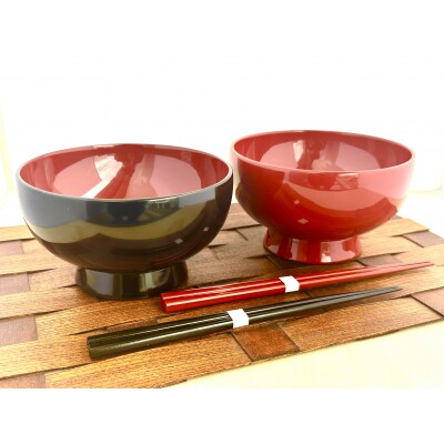 川連漆器　箸付夫婦そば椀(黒内朱・皆朱)紙箱入[D5-55021]