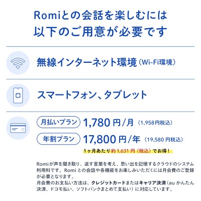 AIロボットRomi(Lacatan)本体+月会費12か月分<ムーングレー>【212002-4】