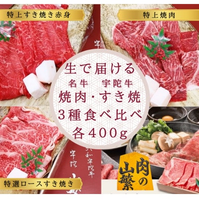 【毎月定期便】生で届ける 特上焼肉 赤身すき焼 特選ロース 宇陀牛 3種食べ比べ 各400g全3回