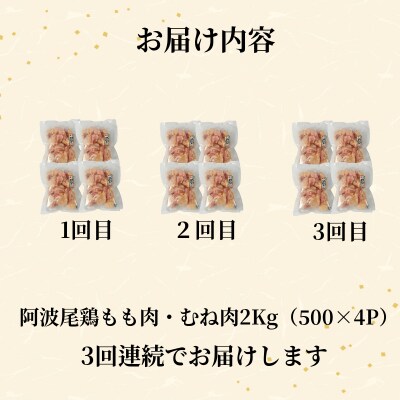 【定期便3回】阿波尾鶏　もも肉・むね肉セット2kg(500g×4P) 鶏肉 徳島 地鶏 とり肉