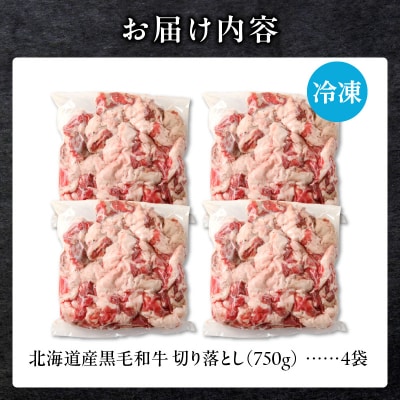 【訳あり】北海道産 黒毛和牛すじ切り落とし　750g×4袋|国産 冷凍 小分け パック 滝川市-