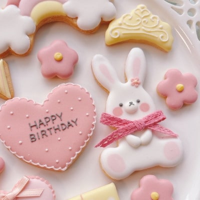 うさぎとお花のアイシングクッキーお誕生日セット(ピンク)