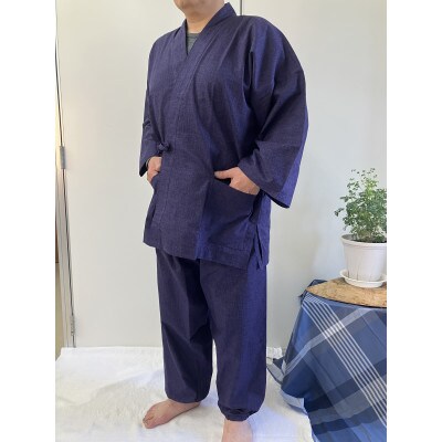 男性用紳士作務衣　無地(絣調プリント)濃紫　Mサイズ