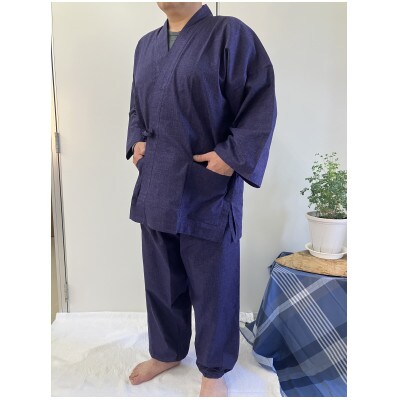 男性用紳士作務衣　無地(絣調プリント)濃紫　Lサイズ