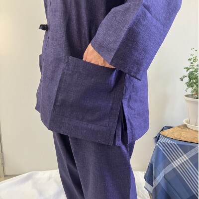 男性用紳士作務衣　無地(絣調プリント)濃紫　Lサイズ