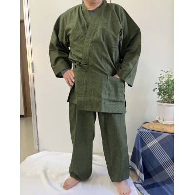 男性用紳士作務衣　無地(絣調プリント)濃緑　Mサイズ