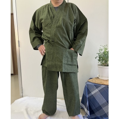 男性用紳士作務衣　無地(絣調プリント)濃緑　Lサイズ