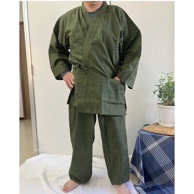 男性用紳士作務衣　無地(絣調プリント)濃緑　LLサイズ