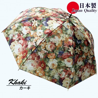 傘 レディース 雨傘 長傘 サテン織り 手開き 花柄 173511 日本製 カーキ