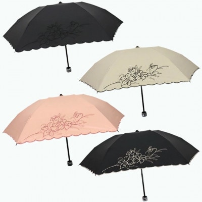 レディース 晴雨兼用3つ折り傘 遮光 ユリ刺繍 スカラ刺繍 581501 ブラック×ベージュ