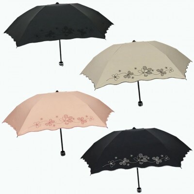 レディース 晴雨兼用3つ折り傘 遮光 クローバー刺繍 スカラ刺繍 581503 ブラック×ベージュ