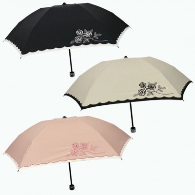 レディース 晴雨兼用3つ折り傘 遮光 ローズ刺繍 スカラ刺繍切継ぎ 50cm 581504 ベージュ