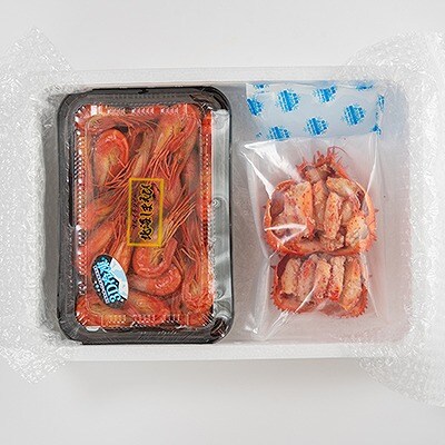 【北海道根室産】花咲ガニ(甲羅詰)70g×2P、北海しまえび500g C-45014