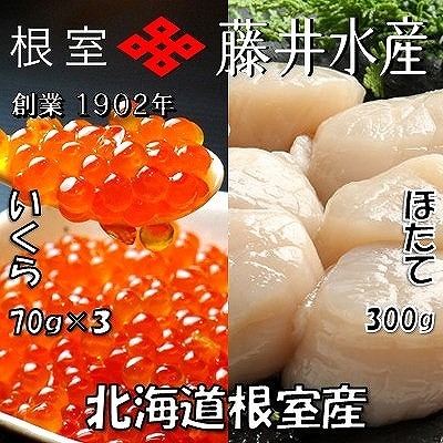 【北海道根室産】いくら醤油漬け70g×3P、お刺身帆立貝柱300g B-42077