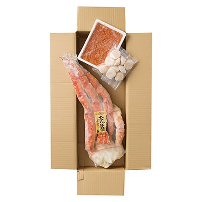 ボイルたらばがに脚約1.8～2kg×1肩、ほたて200g、いくら(鮭卵)200g D-11057