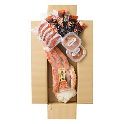 ボイルたらばがに脚約1.8～2kg×1肩、紅鮭5切×4P、いくら(鮭卵)70g×2P D-11059